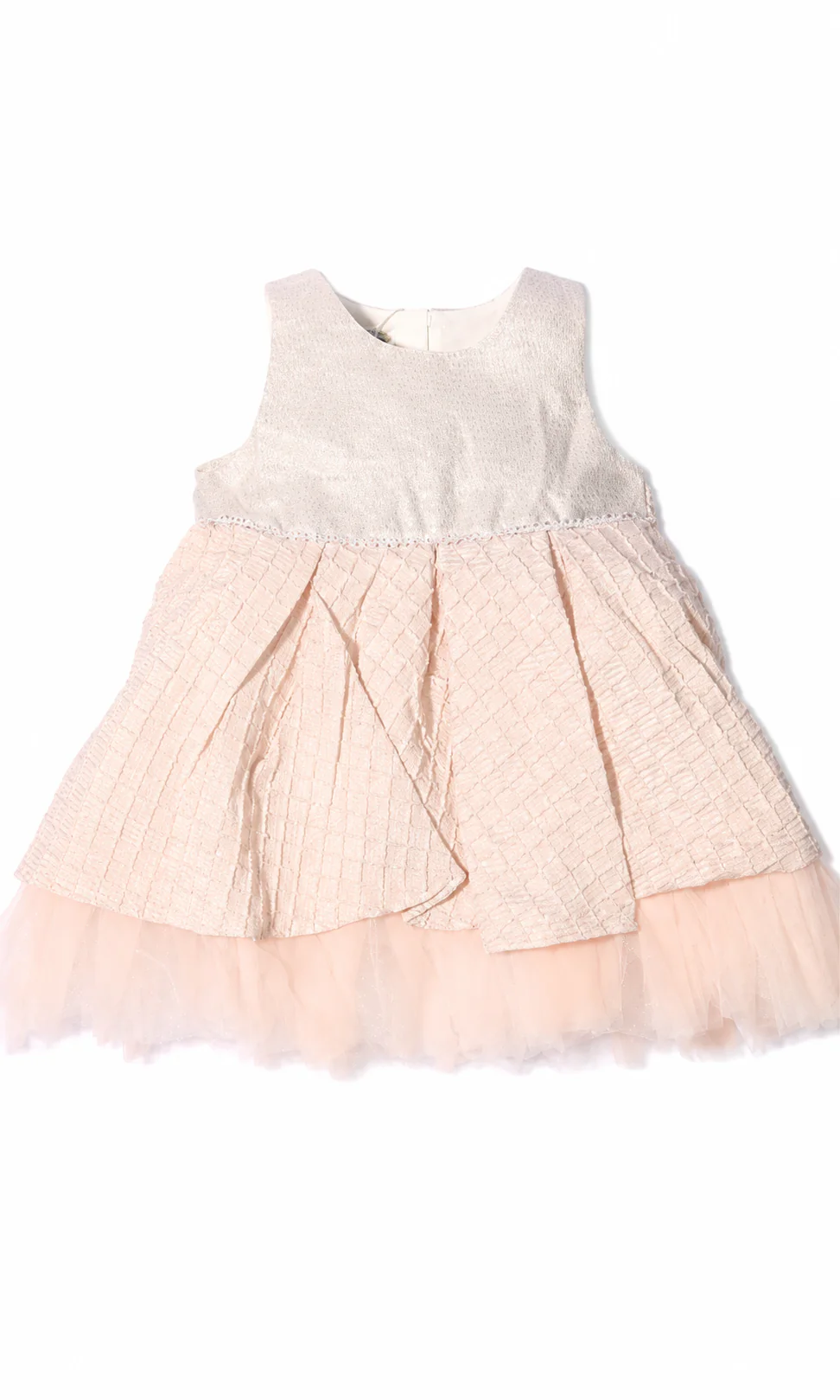 Girls Party Wear Frock Peach Silver Jacquard Quilted Tulle Hem