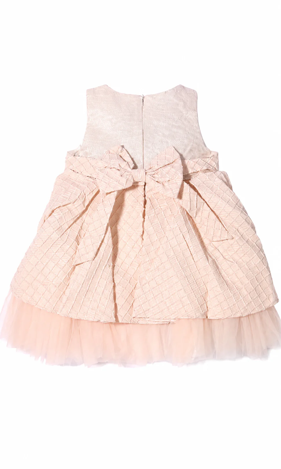 Girls Party Wear Frock Peach Silver Jacquard Quilted Tulle Hem - Image 2
