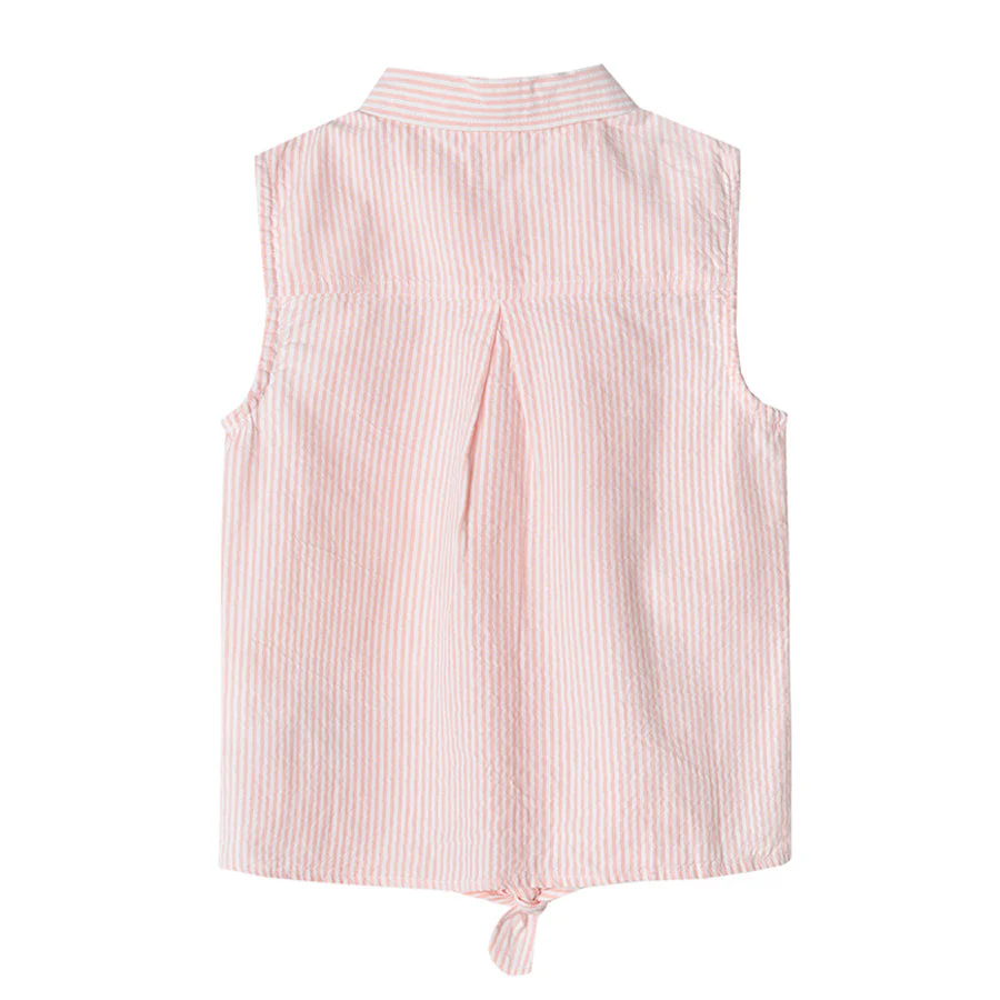 Girls Pink and white sleeveless shirt with collar and knot in the front - Image 3