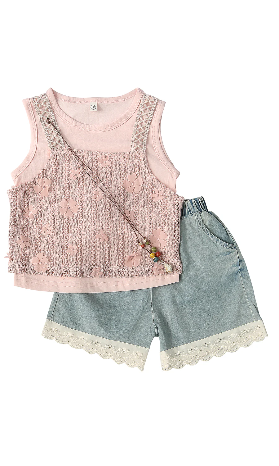 Girls Pink Crochet Lace Vest Top & Blue Denim Lace Trim Shorts 2 Piece Suit