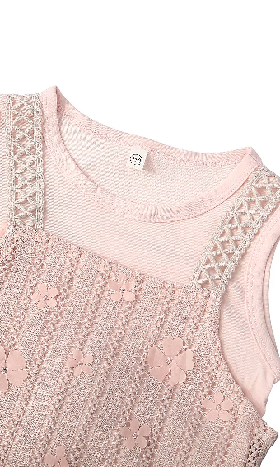 Girls Pink Crochet Lace Vest Top & Blue Denim Lace Trim Shorts 2 Piece Suit - Image 2
