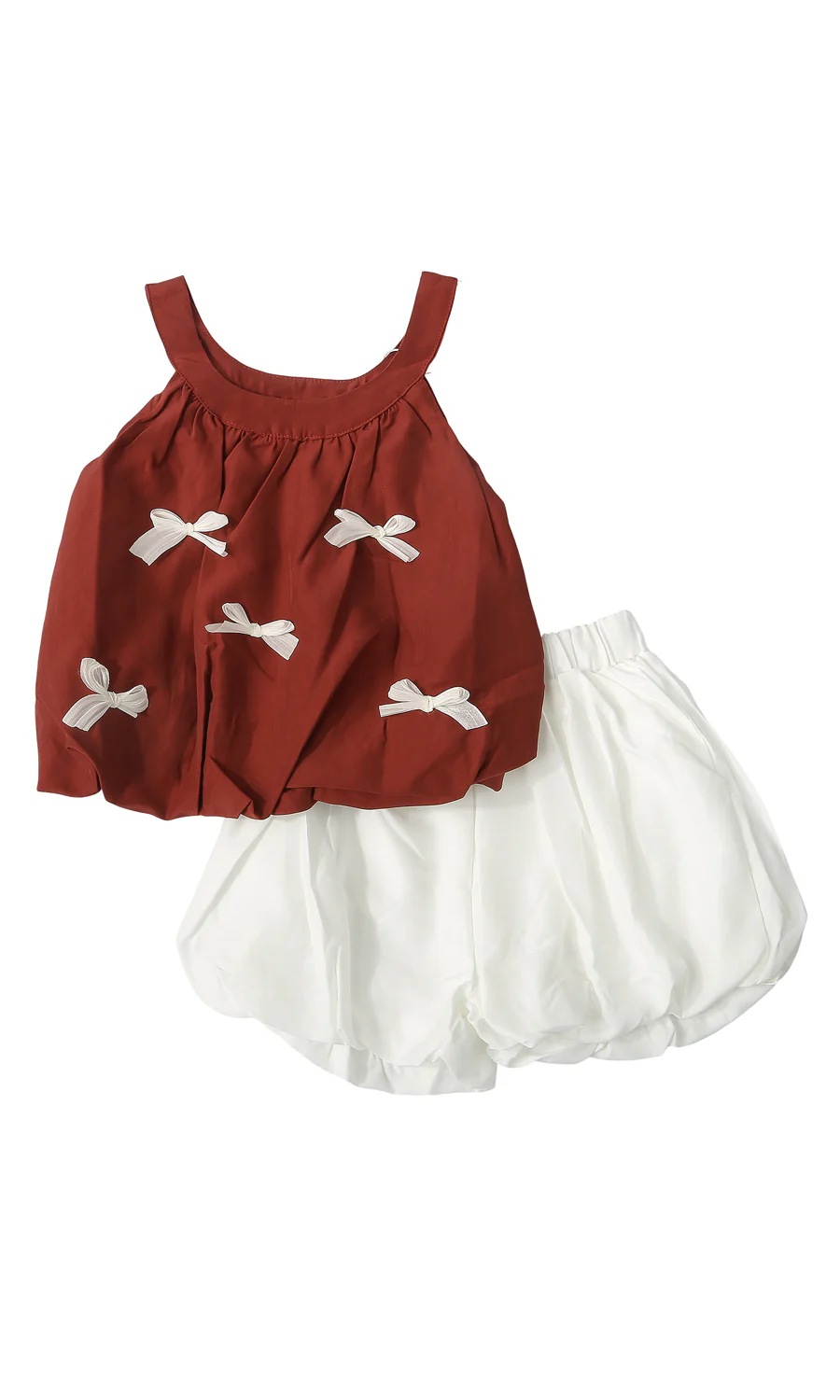 Girls Red Bow Appliqué Sleeveless Top & White Bubble Shorts 2 Piece Suit