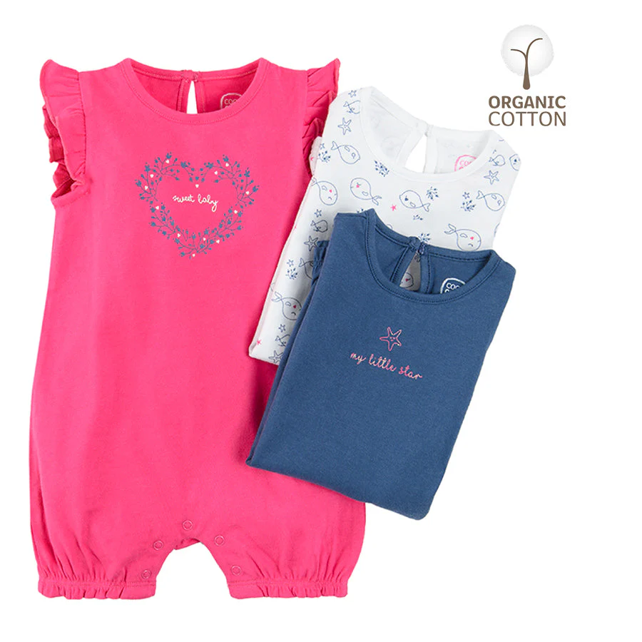 Girls Rompers Organic Cotton Navy White Pink Set 3 Pcs CC CUG2402535 00