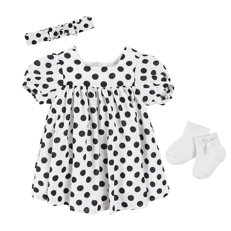 Girls Short sleeve polka dot dress headband and socks - CC CCG2402184