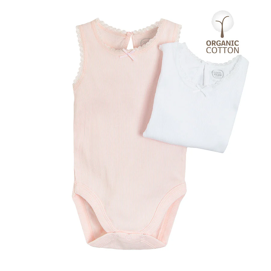Girl's Sleeveless Bodysuit Organic Cotton Light Pink White Set 2 Pcs CC BNG1603325