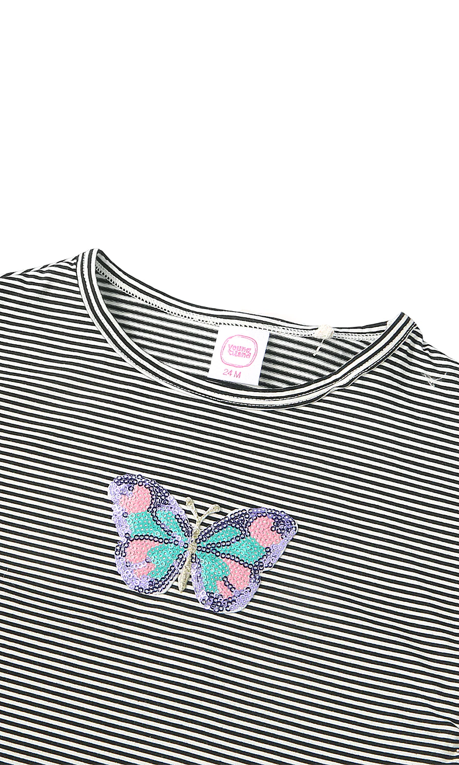 Girls T-Shirt Black White Stripe Butterfly Print Flutter Angel Sleeve - Image 2