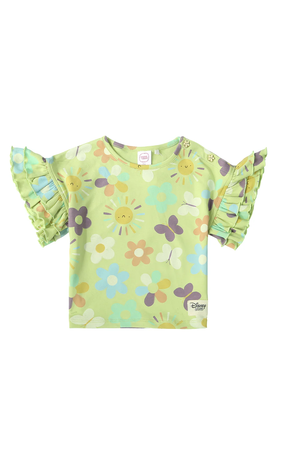 Girls Cotton Top Lime Green Floral Butterfly Print Ruffle Sleeve