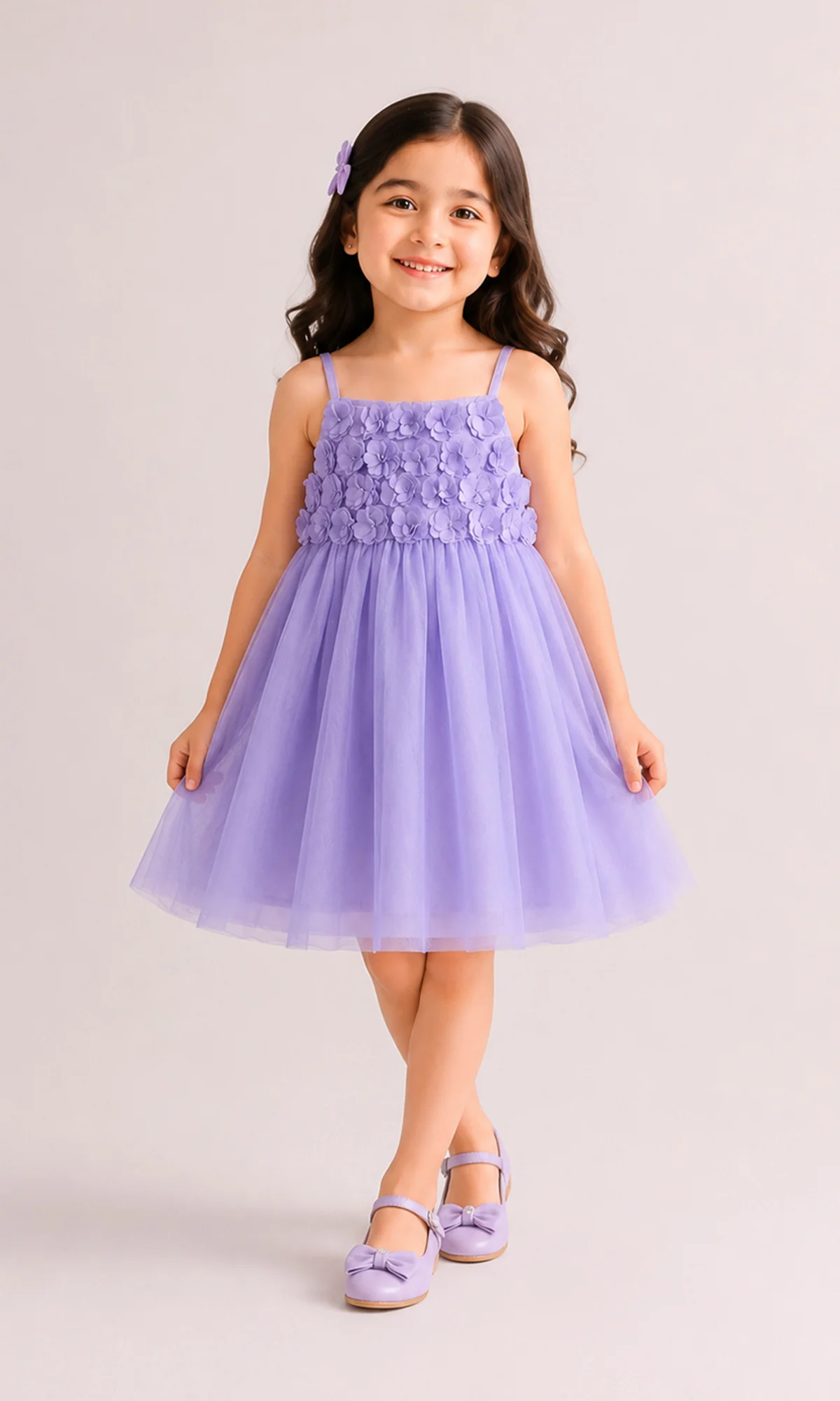 Girls Tulle Frock Dusty Blue 3D Floral Appliqué