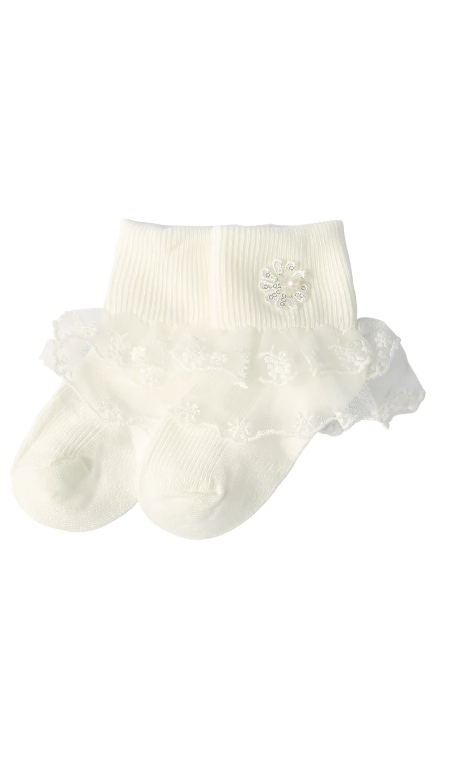 Girls Tulle Ruffle Pearl Detail Ankle Socks White