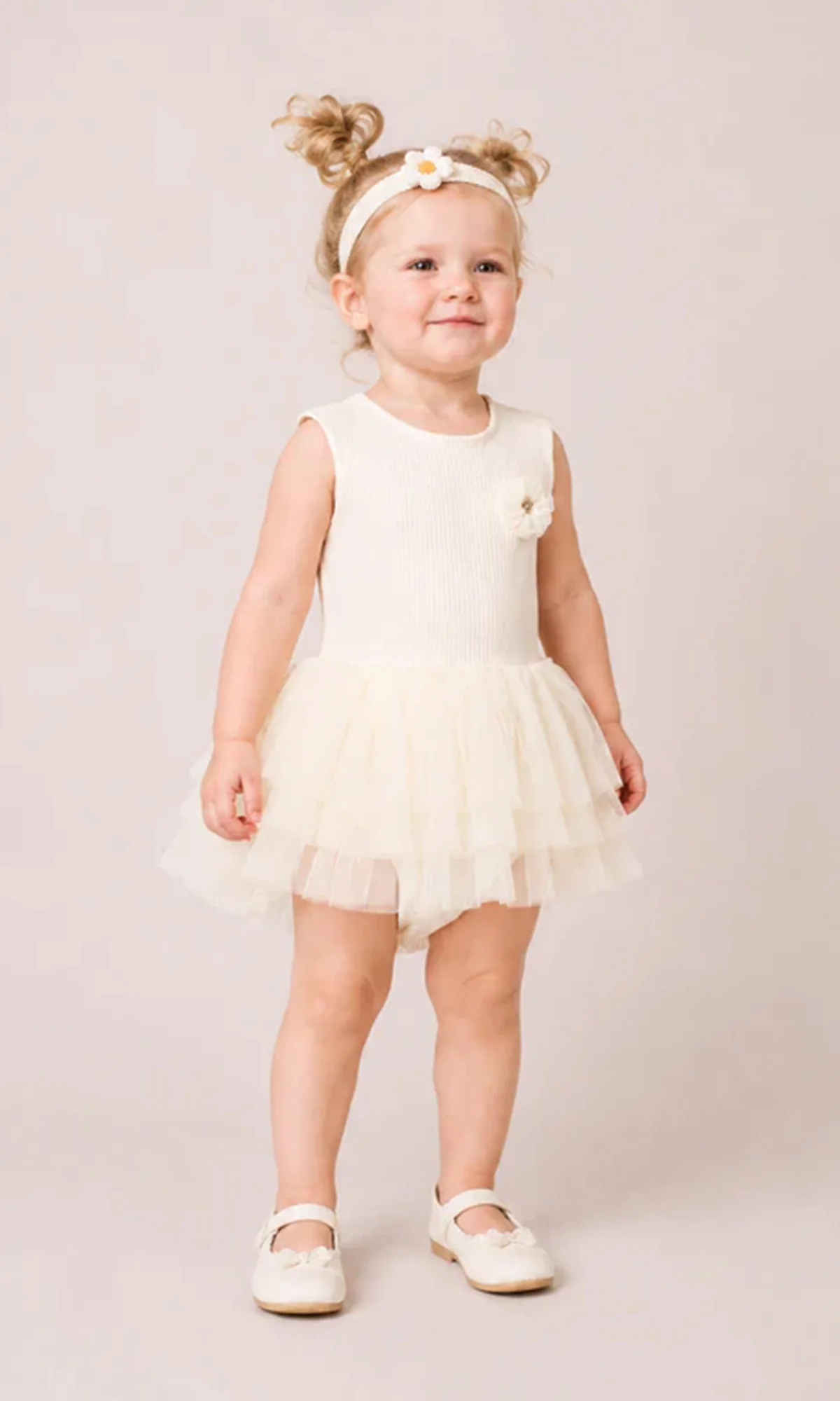 Girls Tutu Romper Frock Cream Ribbed Daisy Corsage with Headband