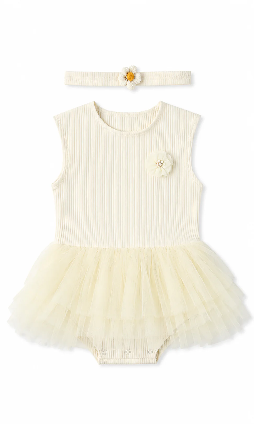 Girls Tutu Romper Frock Cream Ribbed Daisy Corsage with Headband - Image 2