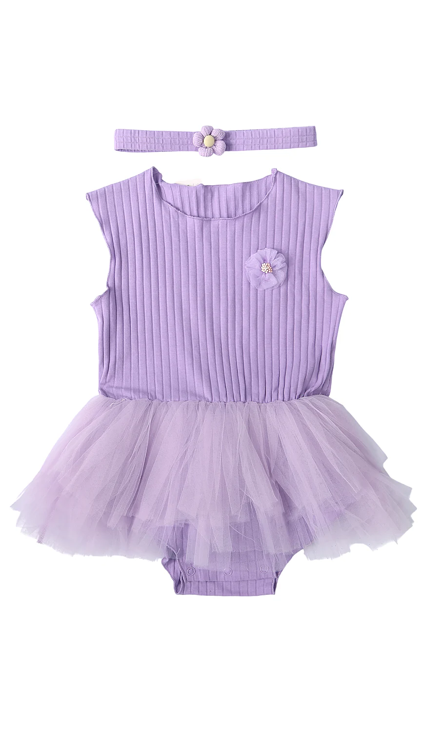 Girls Tutu Romper Frock Lavender Ribbed Flower Corsage with Headband