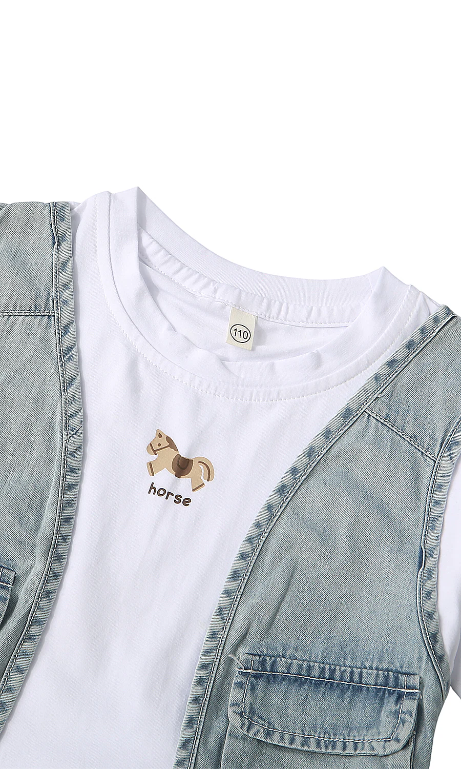 Girls White Tee & Light Blue Denim Cargo Vest Shorts 2 Piece Suit - Image 2