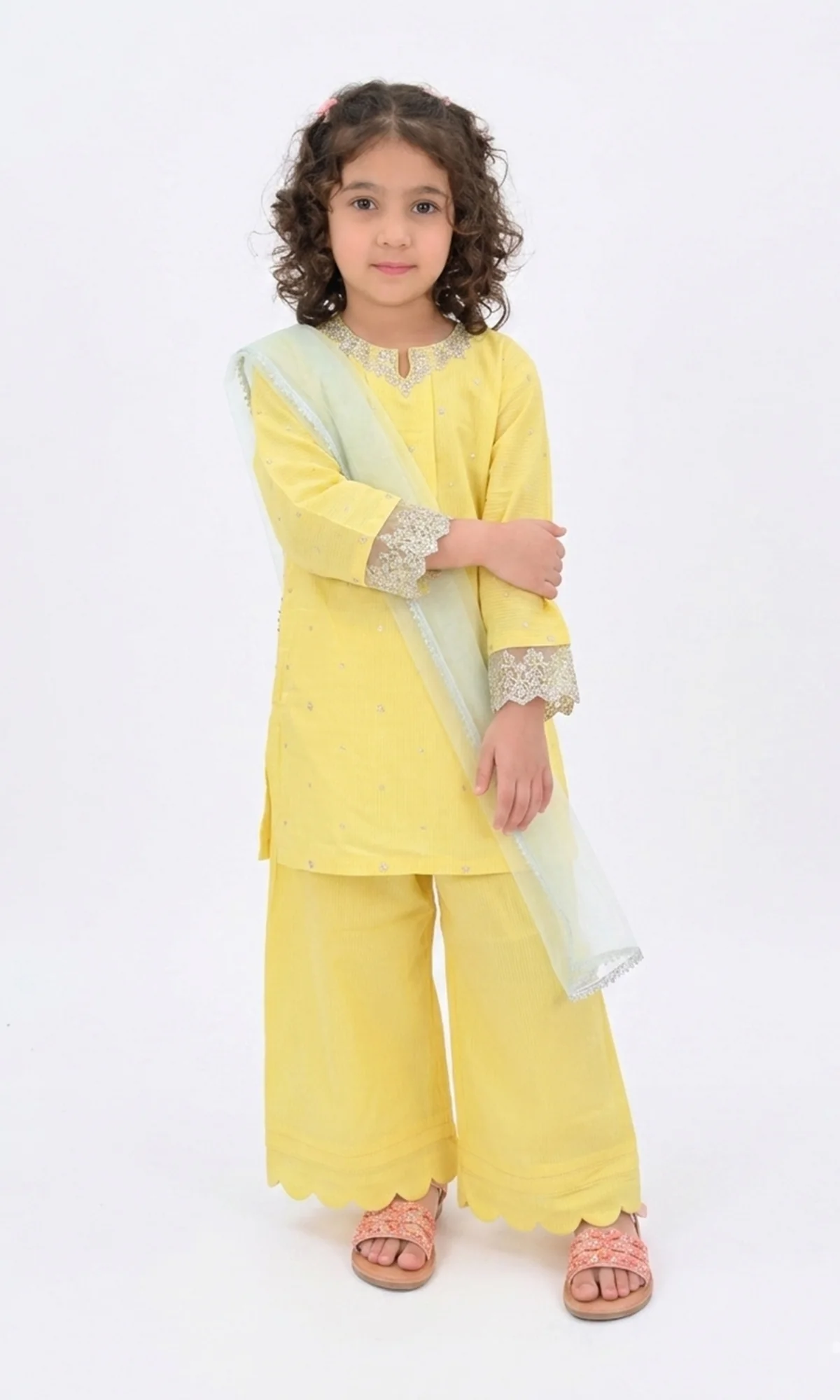 Girls Yellow & Mint Embroidered Palazzo Suit - Image 2
