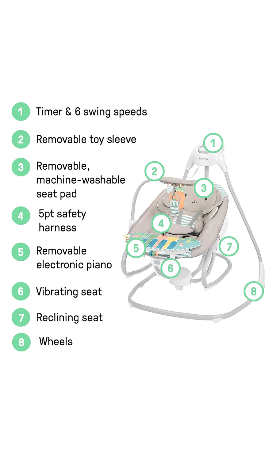Ingenuity SimpleComfort Piano Playtime 2-in-1 Baby Swing & Rocker - Image 7