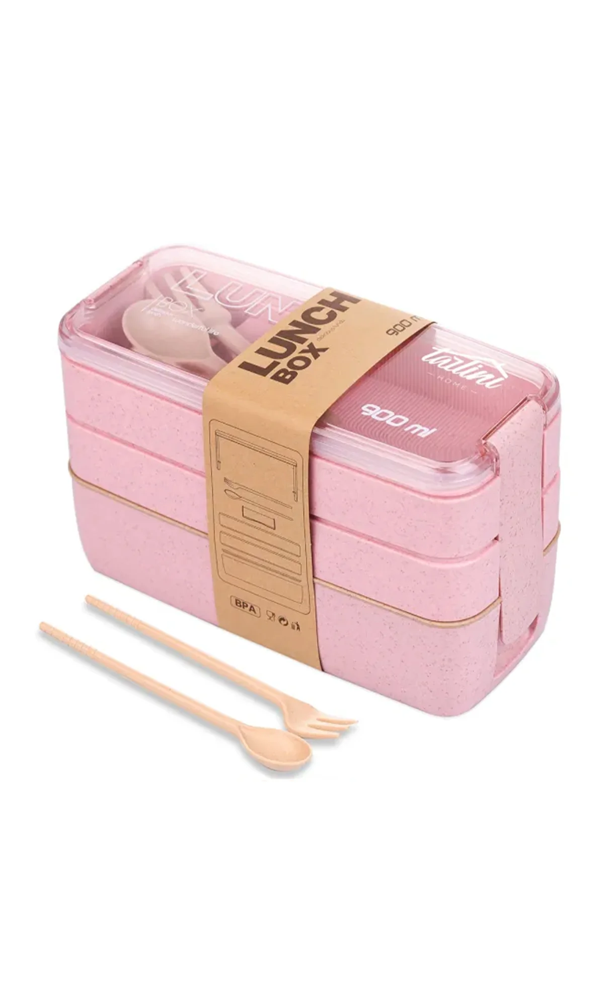 School Lunch Box 3 Layer Pink With Spoon And Fork 900ml