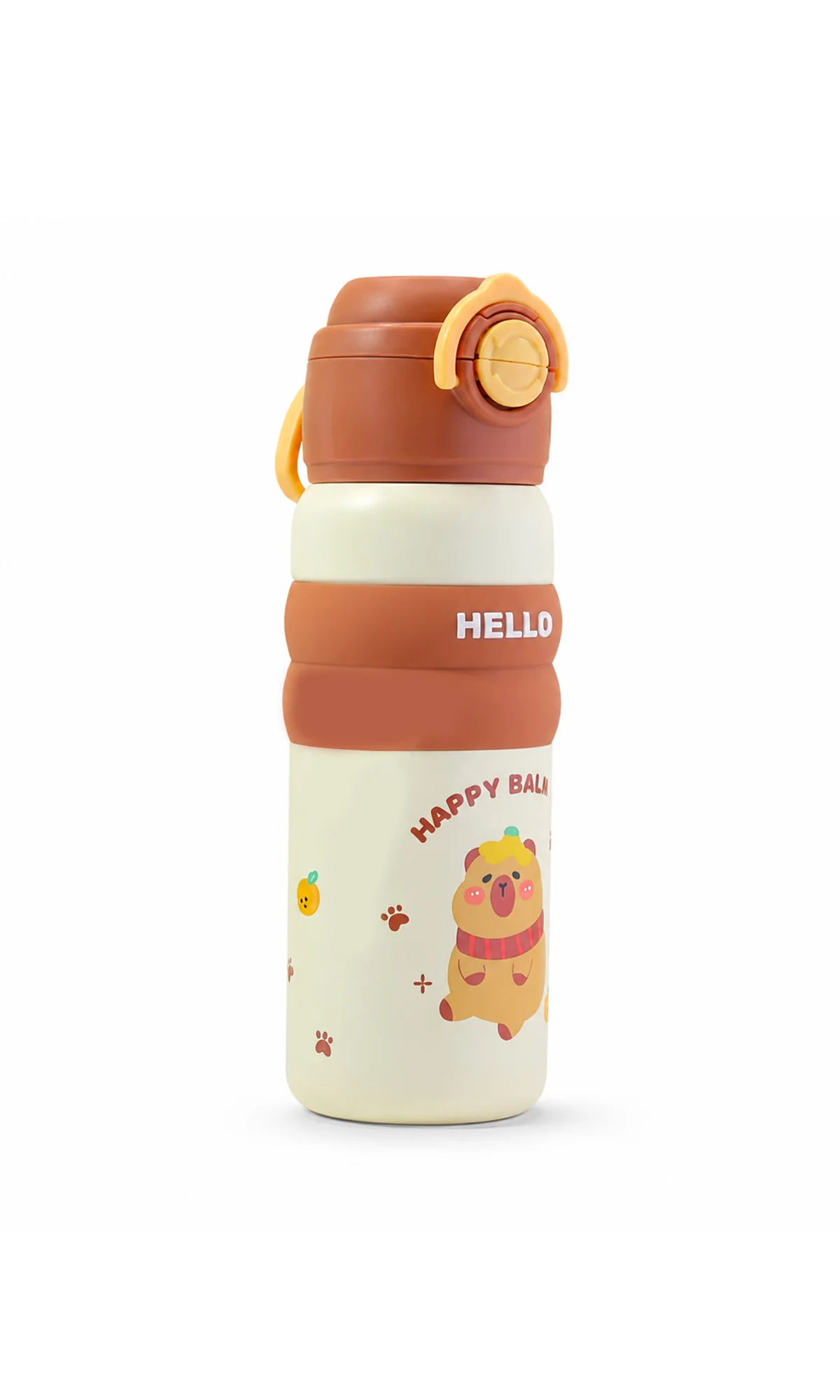 School Water Bottle White Brown Happy Bala Bear Print