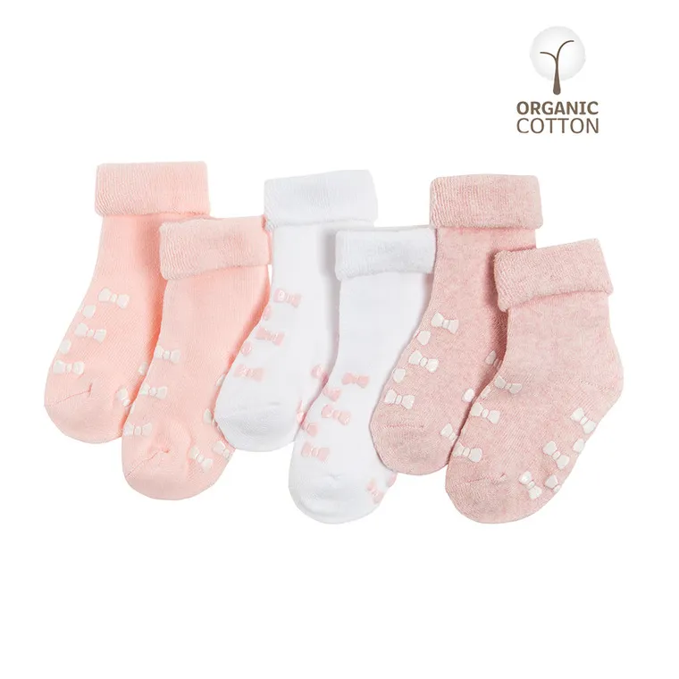 Non-Slip Socks For Girls, Organic Cotton, White, Pink, Set, 3 Pcs. CC CHG2102445-00-P