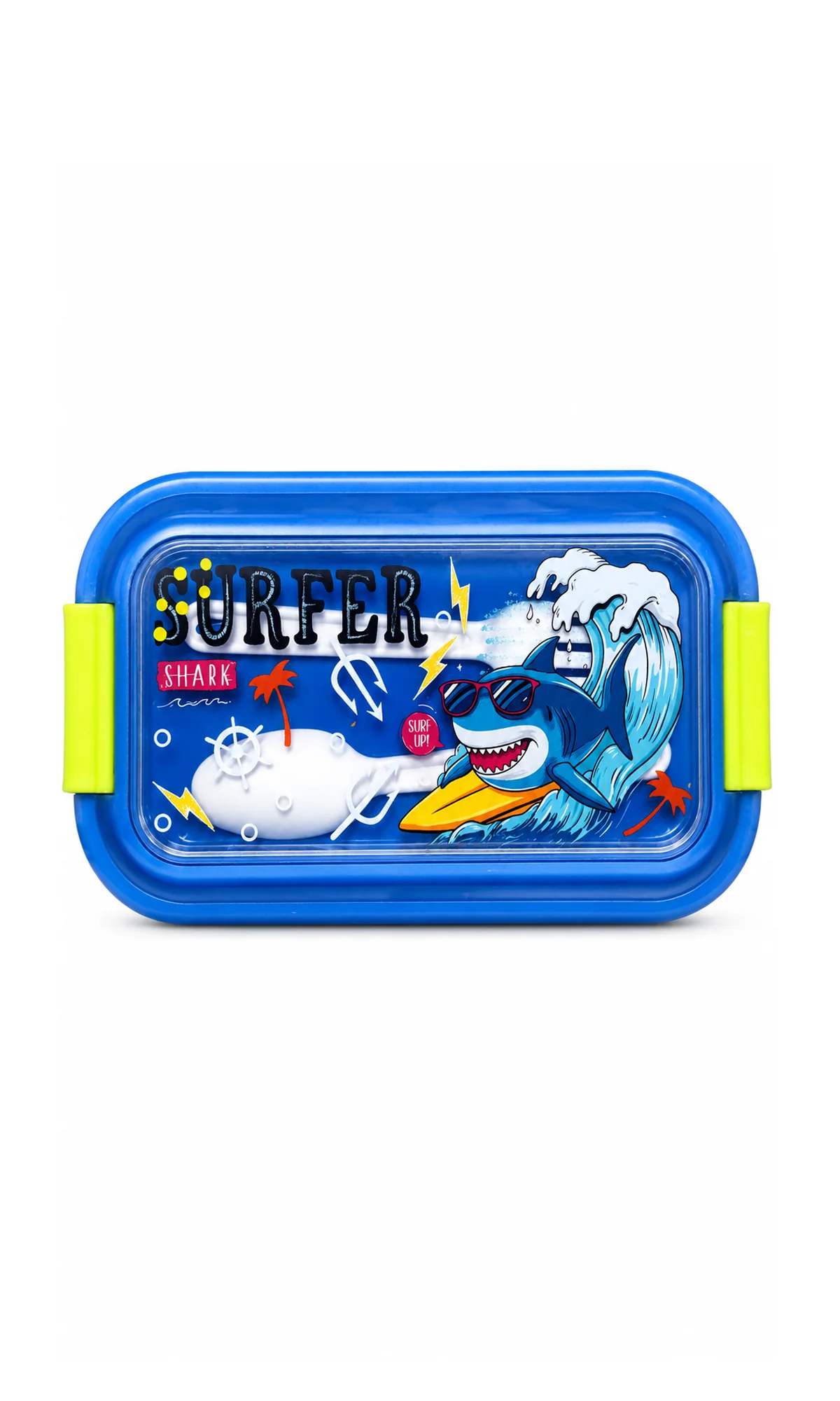 School Lunch Box Blue Surfer Shark Print