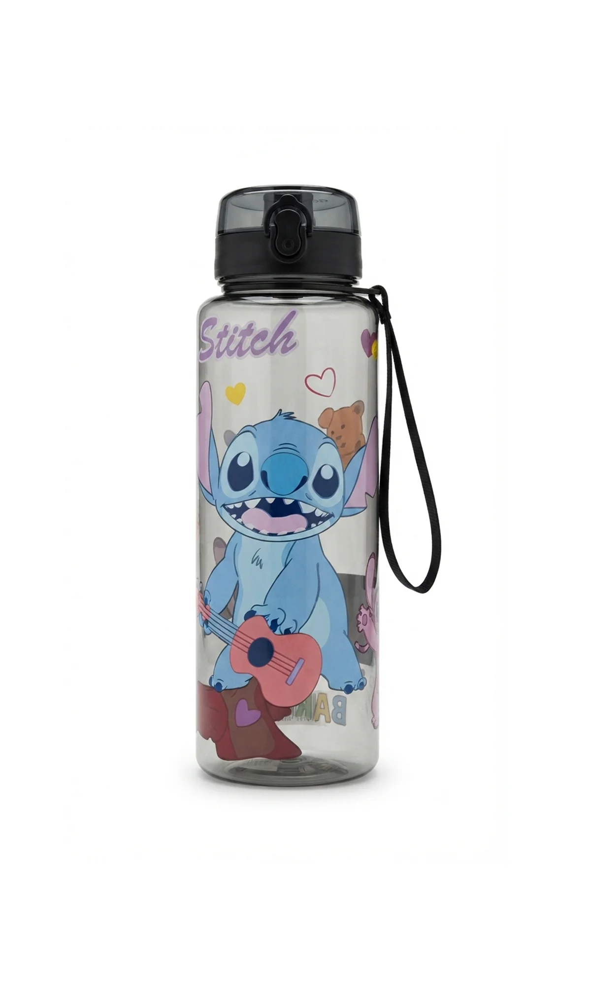 School Water Bottle Black Ukulele Friends Print