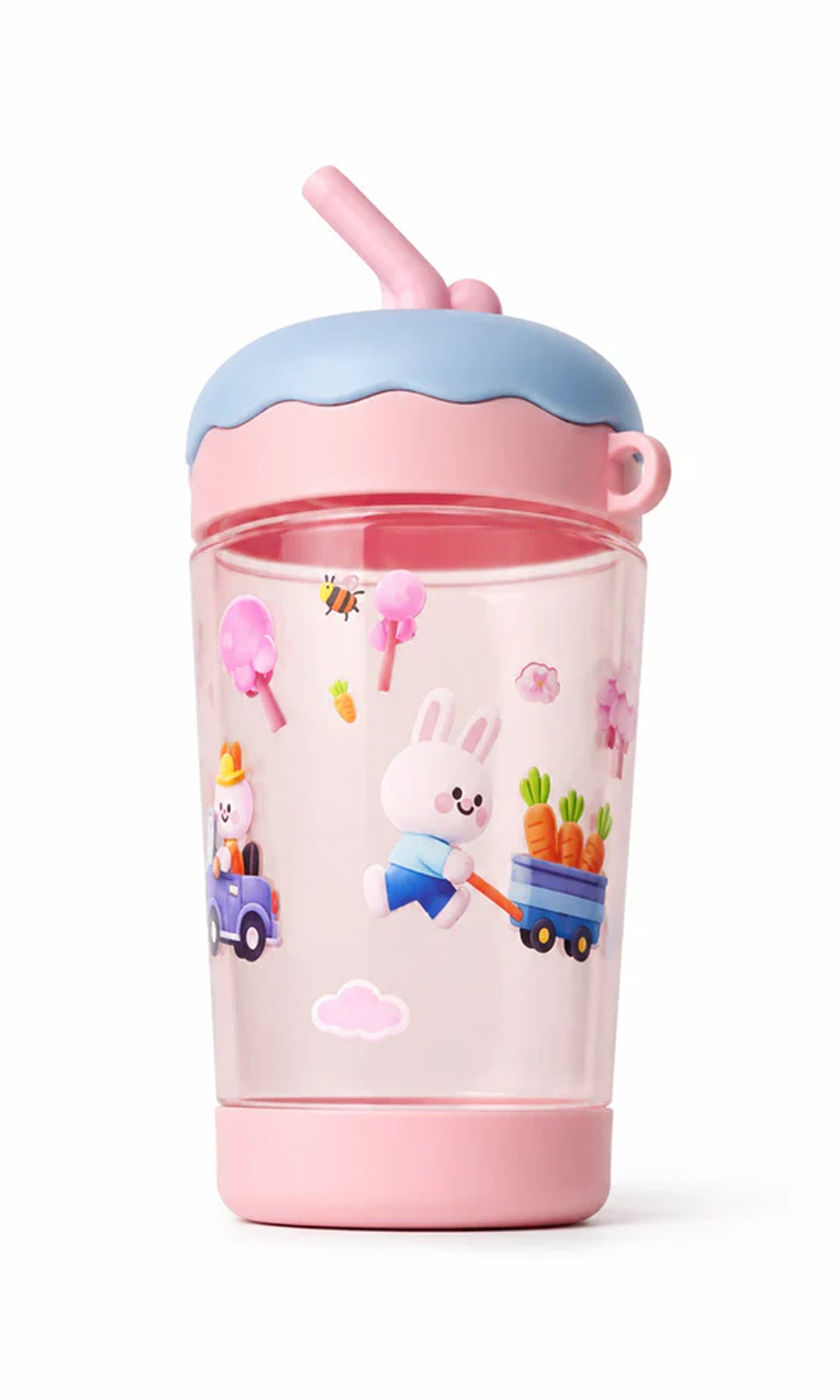 School Water Bottle Pink Blue Bunny Carrot Farm Print with Straw