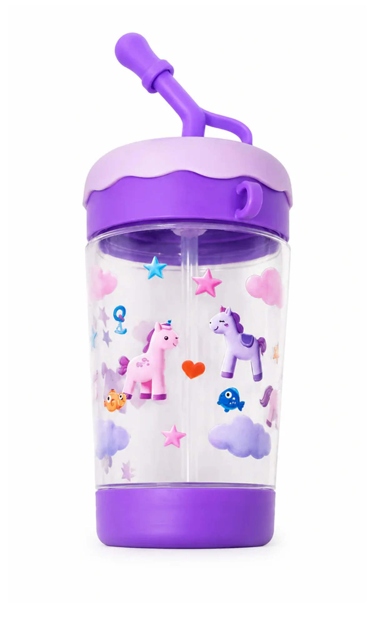 School Water Bottle Purple Magical Unicorn Stars Print with Straw