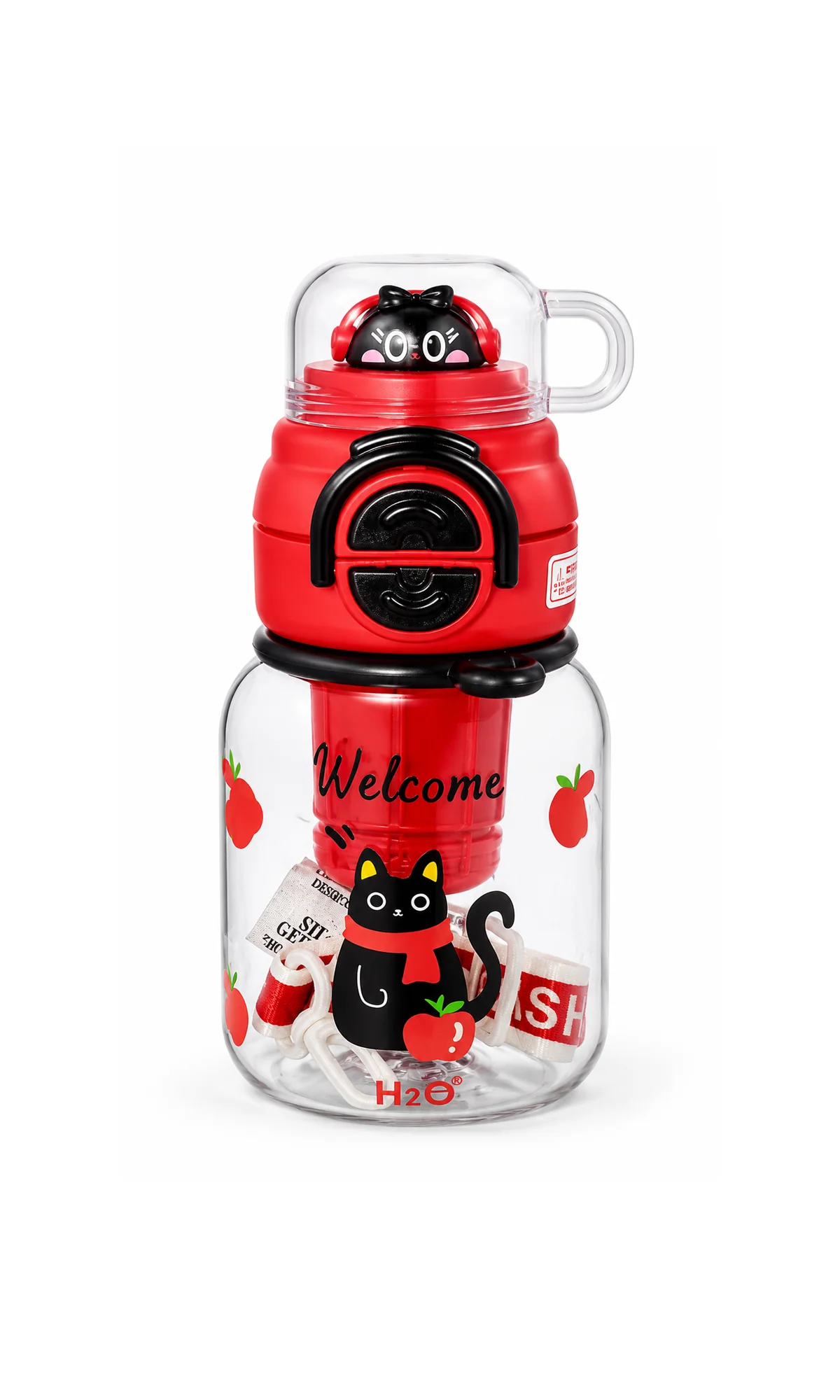School Water Bottle Red Black Cat Welcome Print