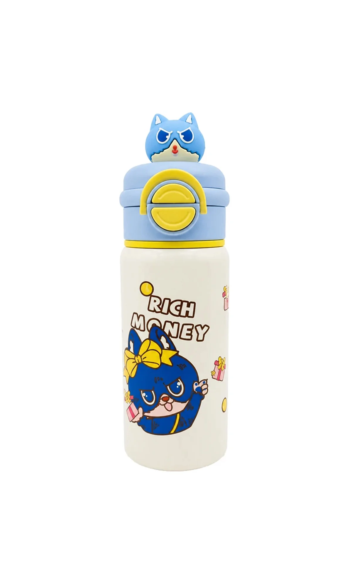Stainless Steel School Water Bottle Cream Rich Money Cat Print