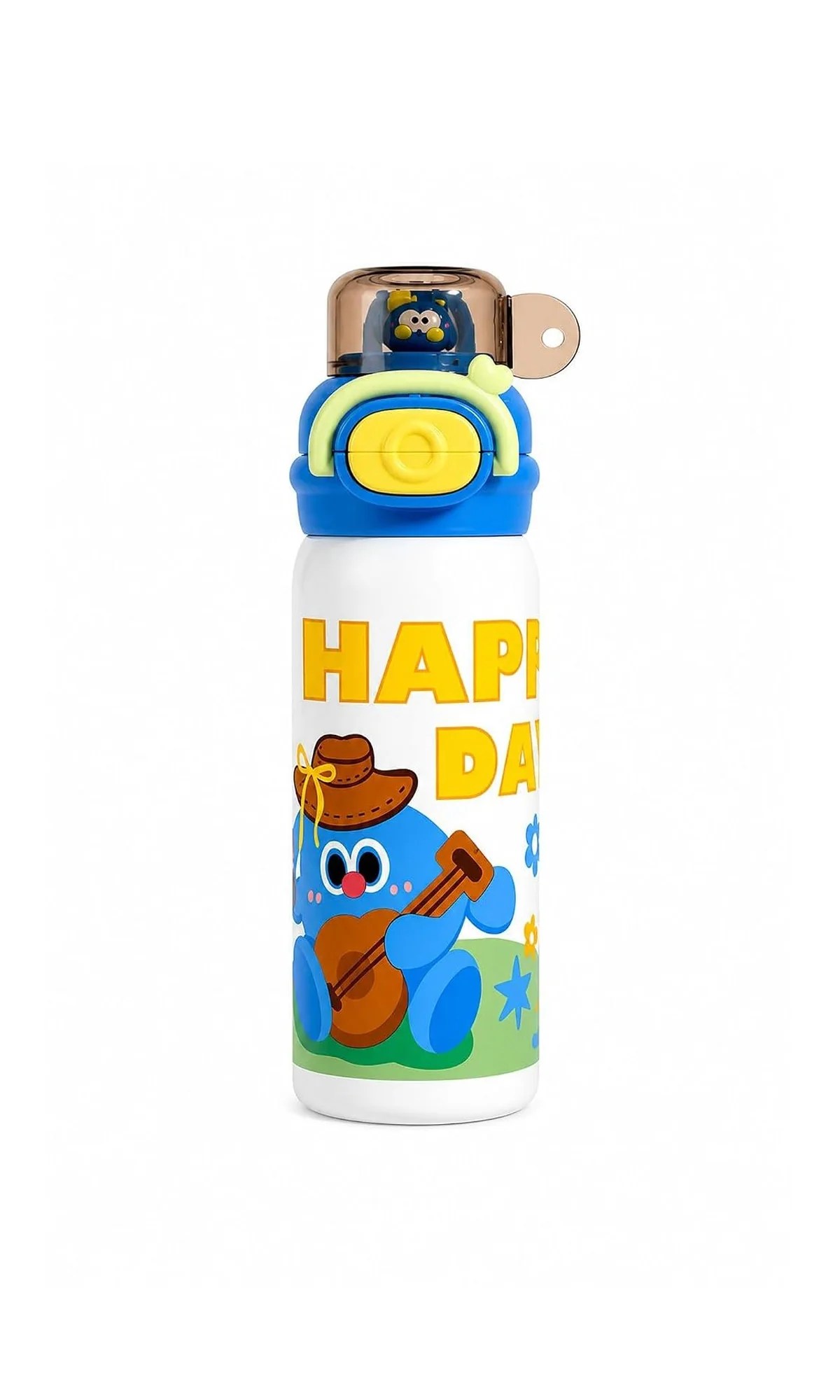 Stainless Steel School Water Bottle White Happy Day Cartoon Print